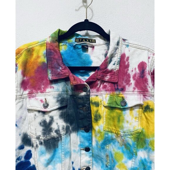 Taxi Jacket Womens 1X Tie Dye Trucker Pockets Boho Festival Hippie Granola - Picture 2 of 5